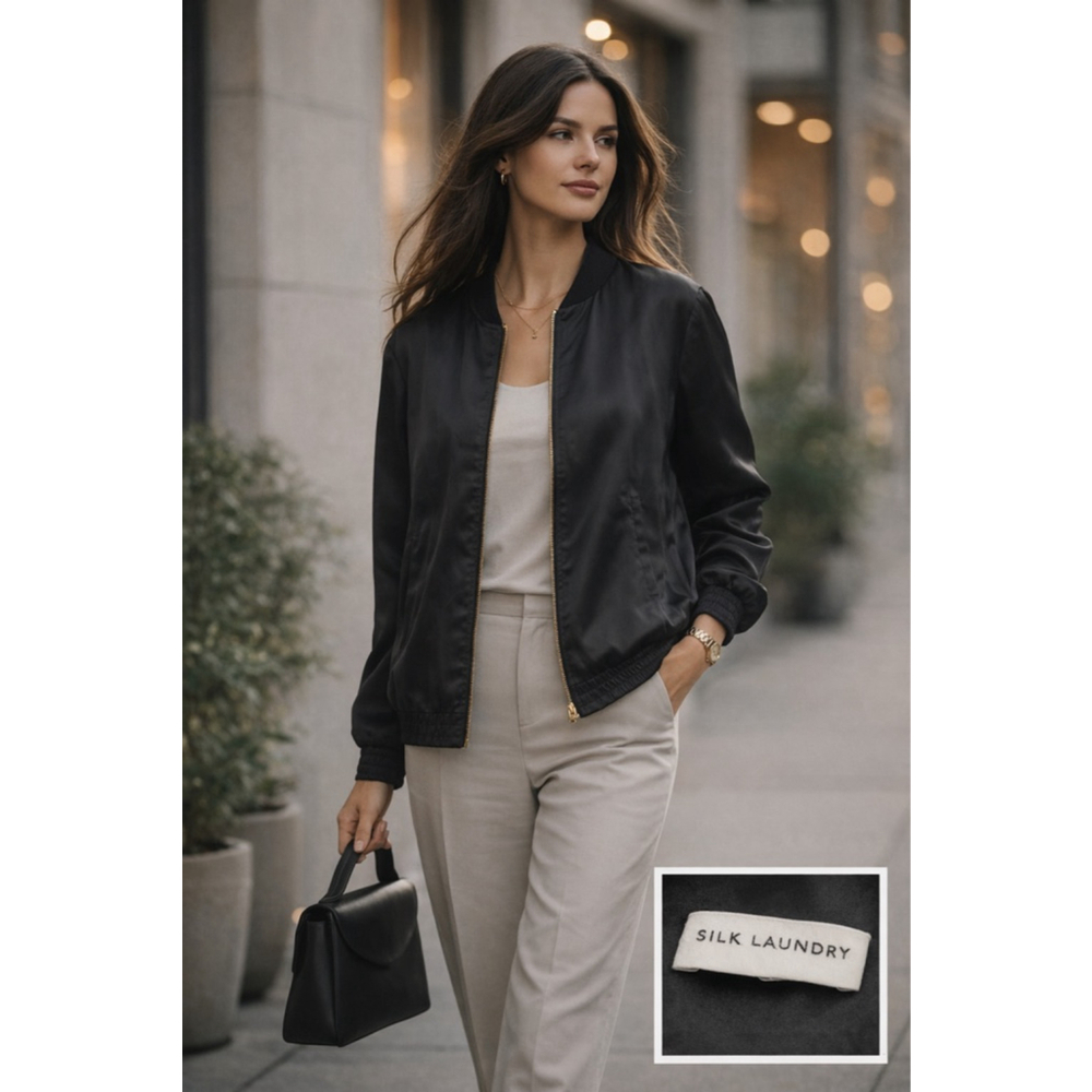 Silk Laundry Women M Jacket 100% Silk Bomber Quiet Luxury Minimalist Coat Black